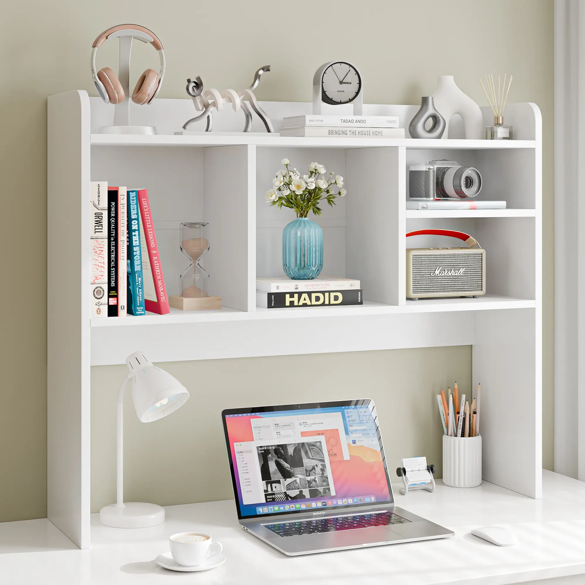 Segawe 4-Shelf Rectangular Engineered Wood Desktop Shelf - 37x9.5x32" Freestanding Tabletop Organizer, Home Office Desk Accessory, Commercial Furniture with Pre-Labeled Parts