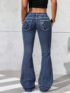 Women's Y2K Star Embroidery Low Waist Stretch Bell Bottom Jeans, Casual Versatile Denim Jeans, Fashionable and Comfortable