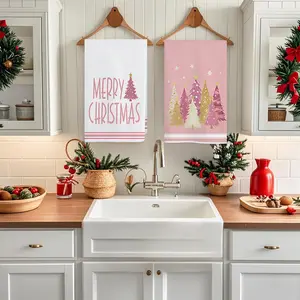 2pcs Christmas kitchen towels, pink Christmas tree snowflakes, Merry Christmas design, soft cleaning towels, tea towels, easy to clean dishwashing towels, for holiday party decoration, kitchen and bathroom home decoration, holiday gifts, Decorative towels