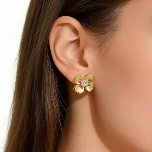 2026 Viral Gold Clover Flower Stud Earrings for Women Sparkling Zirconia Dainty Gold Tone Statement Jewelry Aesthetic Fashion Accessories for Daily Wear Party Wedding Date Night Perfect Birthday Gift for Her Mom Sister Teen Girls TikTok Shop Must Have