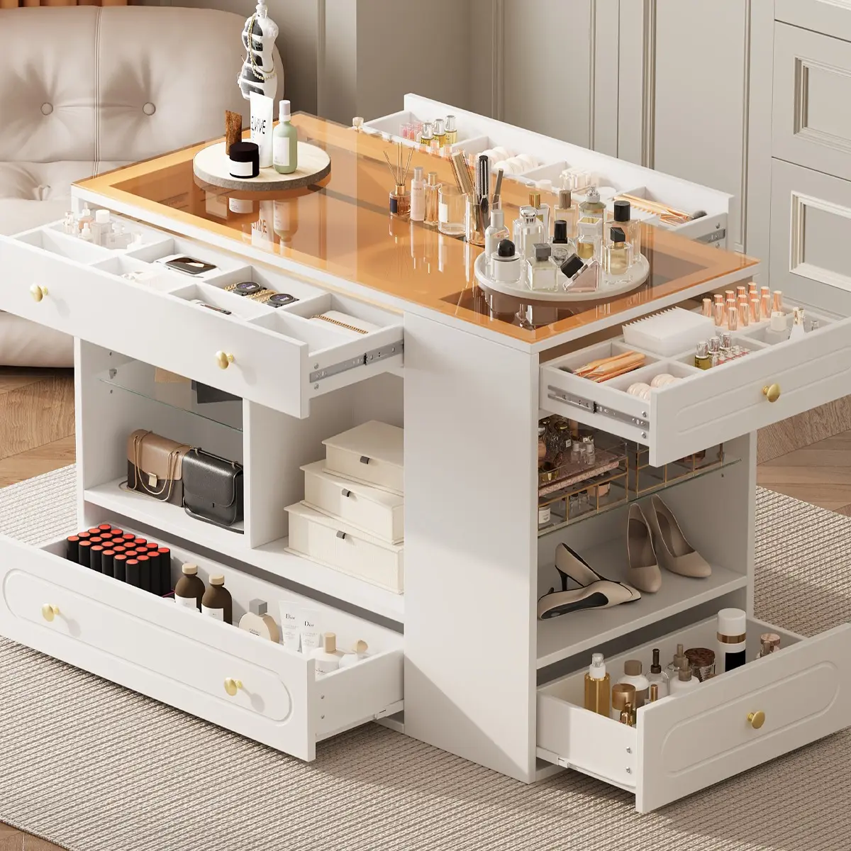 Closet Island with 6 Drawers, Wardrobe Armoire Bedroom Island with Glass Display Top and Open Shelves, Jewelry Storage Vanity Island with compartments, Walk-in Closet Island for Cloakroom, White
