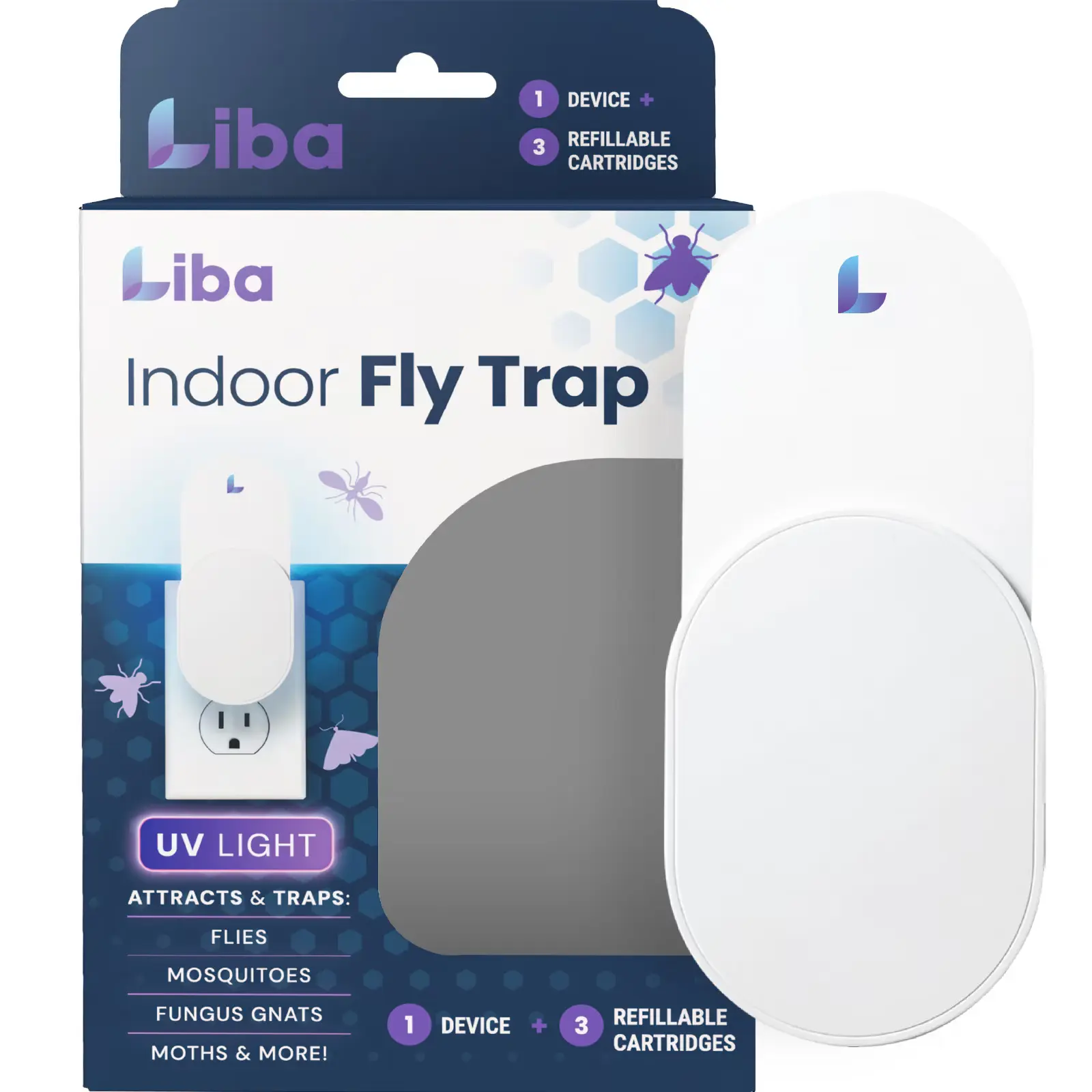 Liba Silent Corded Compact UV Plug-In Fly Trap - Chemical-Free, Light-Equipped Pest Control with Adhesive Boards, for Kitchen, Plant Gnat & Fruit Fly Catcher (Includes 3 Refills, Ideal for Office Desk), Abs, Indoor Insect Control