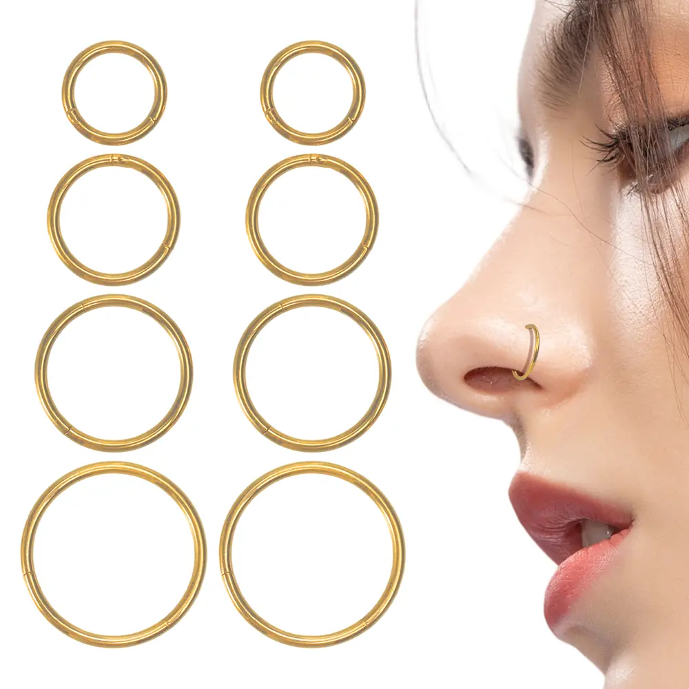 8-Piece 18G Hinged Nose Ring Hoops, 316L Surgical Steel Hypoallergenic Body Piercings, Gold Plated Jewelry for Cartilage Helix, Septum & Lip for Women Men, Cartilage Helix Piercing
