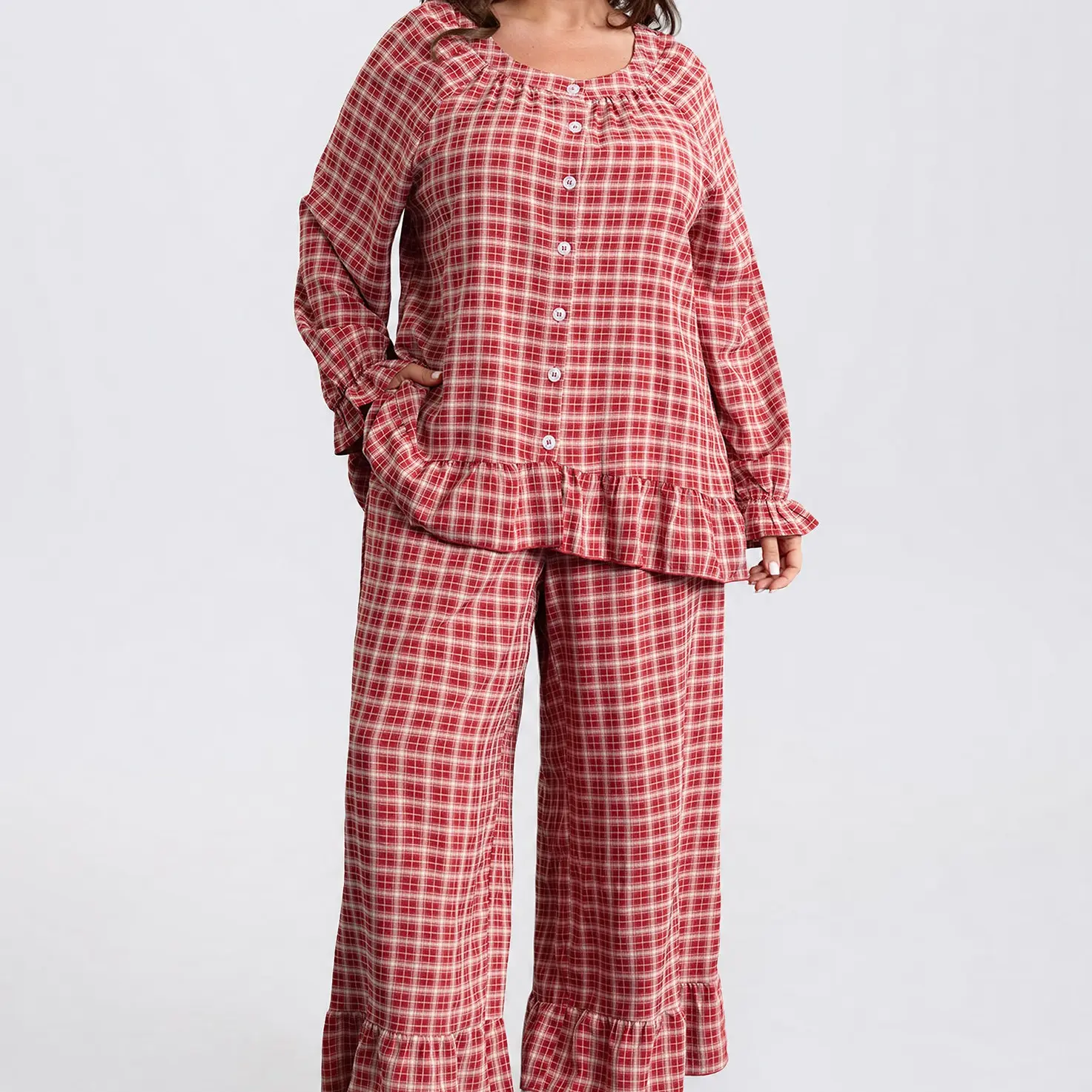 BloomChic Gingham Print Ruffled Hem Co-Ord Pajama Set 【M-6XL】