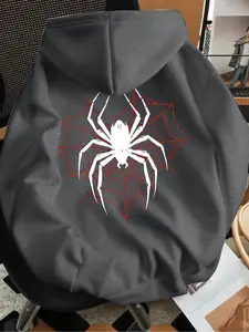 Men's Casual Hooded Sweatshirt with Spiders Print, Soft Comfort Polyester Fabric, Regular Fit Streetwear Long Sleeve Pullover, Graphic Print Hoodie