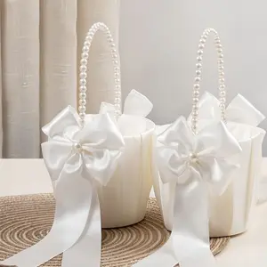 Flower Girl Basket with Pearl Handle, Elegant Bride Accessory with Bow, Perfect for Ceremony and Wedding Decor