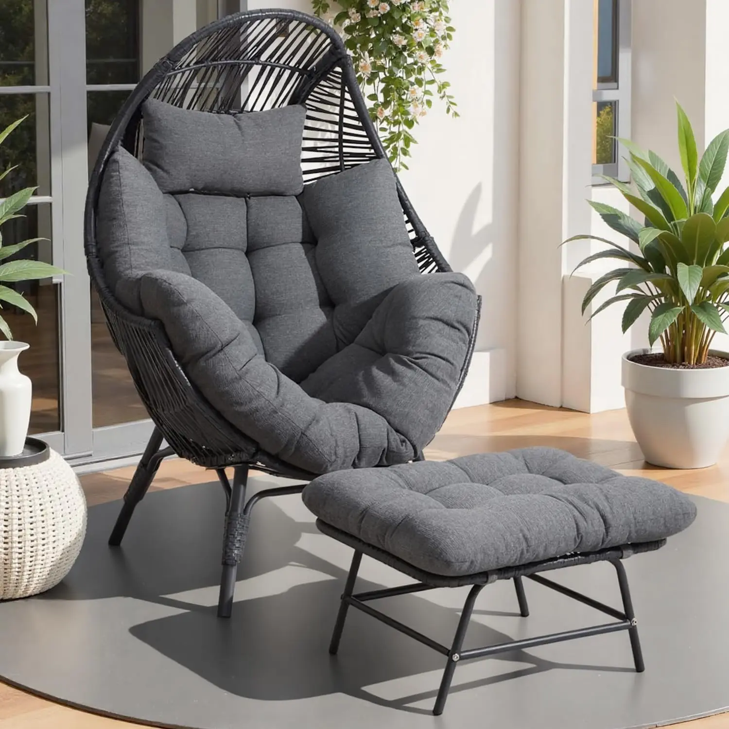 IRONCK Egg-Shaped Indoor-Outdoor Armchair - Patio Outdoor Furniture, All-Weather Design, Thick Padded Cushion, Headrest, Footrest, Easy Setup, Modern Curved Frame for Living Room, Garden