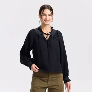 Women's Bishop Long Sleeve Smocked Blouse - Universal Thread Black M