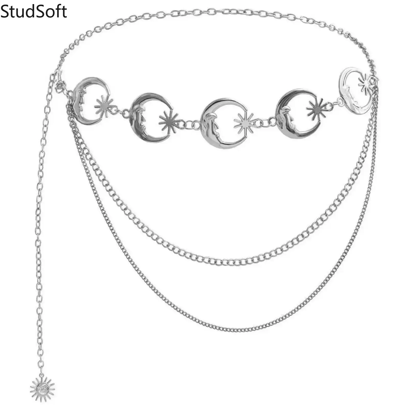 Metal Waistband for Women, Retro Statement Silver Moon Waist Chain with a Decorative Crescent Sunflower Design for Skirts and Dresses, Belt, Female, Belt For Dress, Vintage Waist