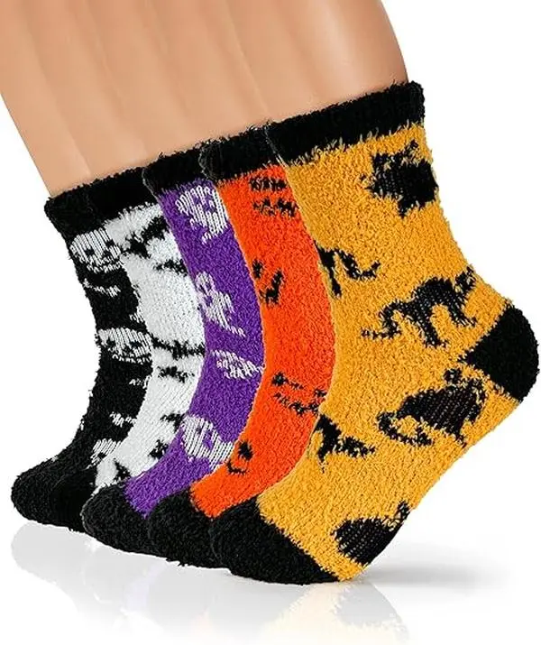 Halloween Fall Gift 5-Pair Fuzzy Socks for Women & Teen Girls, Cozy Soft Fluffy Halloween Socks, Warm Novelty Socks for Boo Basket Stuffers, Spooky Gifts for Her, Friends & Family