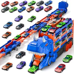 Dinosaur Truck Toy Set - Transforming T-Rex Dinosaur Transport Carrier with 12 Mini Die-Cast Metal Cars, Storage, Launch Ramps, Toddler Toy for Ages 3-6
