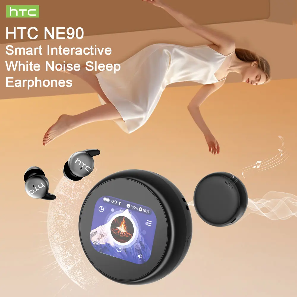 HTC NE90 True Wireless Wireless BT Earphones (Headphone) with AI Smart Conversation, HiFi Audio, Earbuds-Charging Case Dual Speaker Modes, LED Multifunction Display, Built-in White Noise, Batteries, Suitable for Sleep & Commuting, In Ear, Bluetooth
