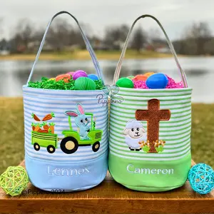 Personalized Embroidered Easter Basket with Adorable Custom Design Bunny Cross Lamb Chick Egg Appliqué Characters Gift for Boy Gift for Girl