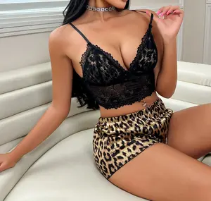 Leopard Print Seduction: Black Lace Camisole + Gold Leopard Print Shorts — Sexy 2-Piece Loungewear Set featuring Sheer Lace Back Detail and Silky Satin Fabric