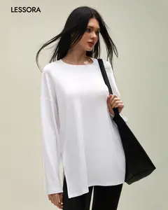 LESSORA Women's Casual Oversized Long Sleeve Top Split Hem Loose Fit tiktokshopspringglowup