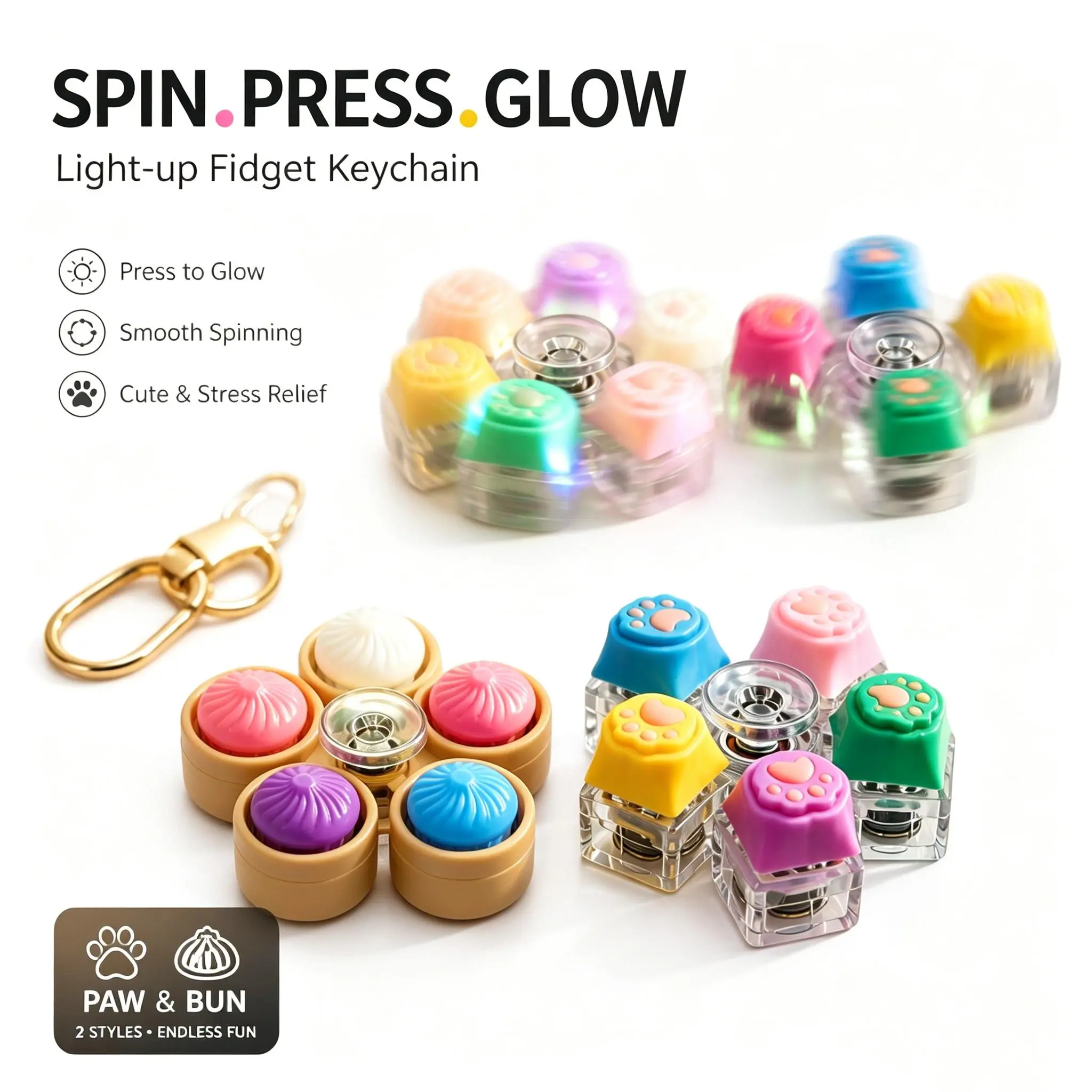 Light Up Cat Dumpling & Cute Paw  Pressable Fidget Keychain, Mechanical Clicky Keyboard Fidget Spinner with Satisfying Sound & LED Light, Wear‑Resistant PVC Stress Relief Toy for Anxiety Decompression, Office Travel, Party & Gifting