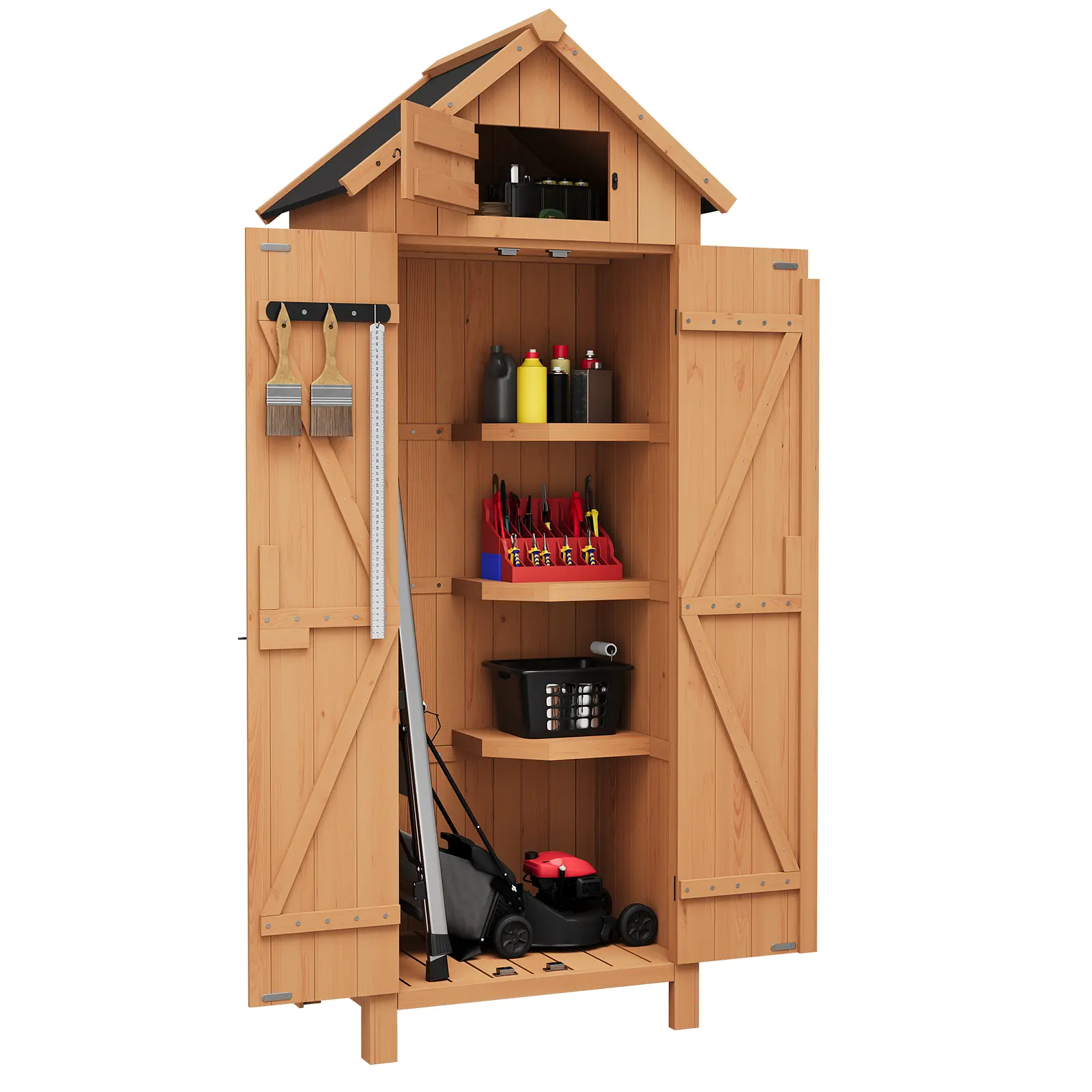 Outdoor Wood Storage Shed - Small Waterproof Garden Tool Organizer with 4 Shelves, Lockable Doors & Stand, Easy Set Up Compact Cabinet for Patios, Backyards, Natural Finish