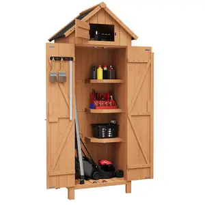 Outdoor Storage Shed, Small Waterproof Garden Tool Shed with 4 Shelves & Lockable Doors, Compact Wood Storage Cabinet for Patios, Backyards, Balconies, Natural