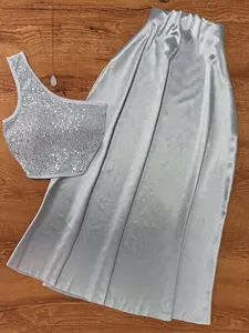 Elegant Fashion Sequined Top + Silver Color Skirt Set, 2 Piece (no Other Accessories Included), Women's Stylish Chic Clothing