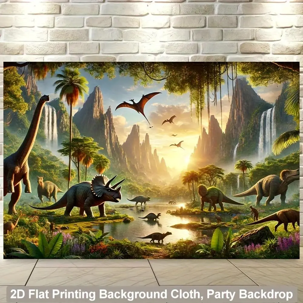 1-Piece Vibrant Print Prehistoric Dinosaur World Polyester Backdrop Banner, Party Decoration Supplies for Birthday, Home & Outdoor Wall Covering, Ideal for Gifting, One-Piece