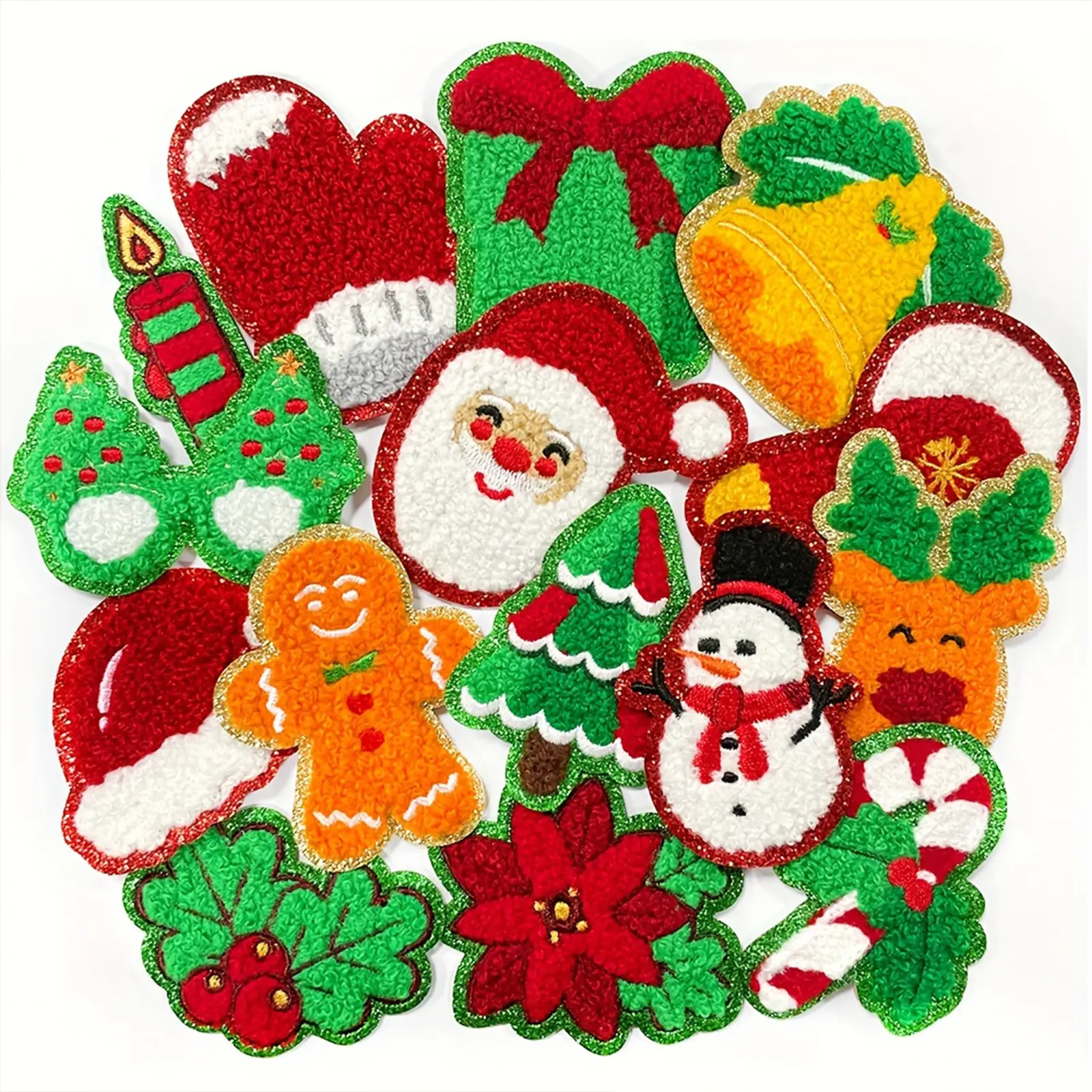 15Pcs Christmas Chenille Embroidered Iron-On Patches with Embroidered Design - Santa, Cute Snowman Applique for DIY Clothes, Jeans, Hats; Heat Press or Sew-On Option