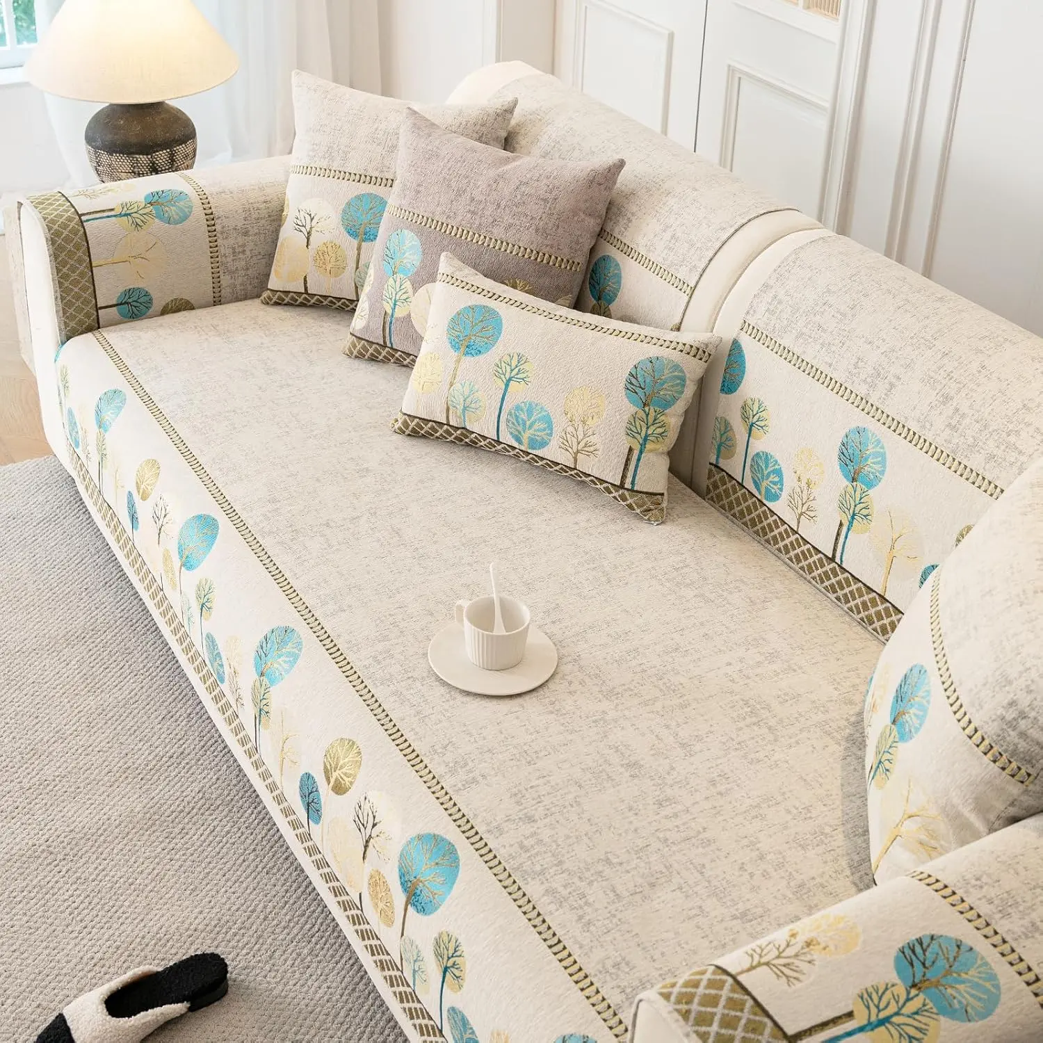 Boho Couch Cover,Non Slip Couch Cover, Washable Couch Cover,Chenille Couch Cover Furniture Protector(White,36"x82"/4-Seater)