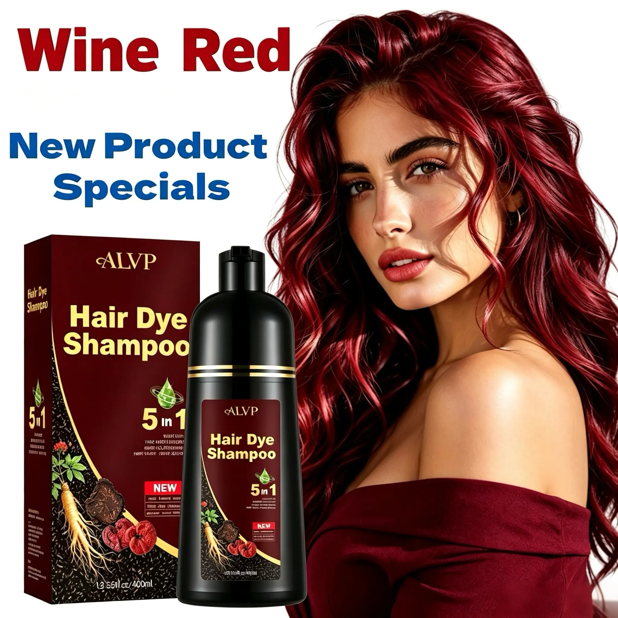 ALVP 2026 5-in-1 Herbal Color Shampoo, Lightweight Plant-Based Gentle Formula, Salon-Quality Daily Use for Men & Women, Covers Grays, Long-Lasting, Nourishes Scalp with Ginseng, Wine Red & Chestnut Brown, Haircare Gift