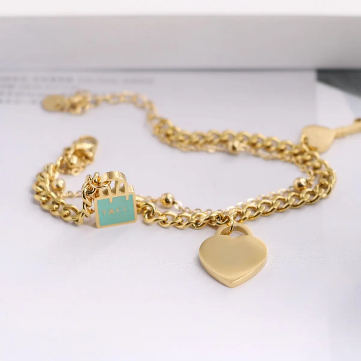Titanium Steel 18k Gold Blue Oil Drop Small Heart Key Double Layer Bracelet for Women Socialite Lady Style 20cm Length(Adjustable)