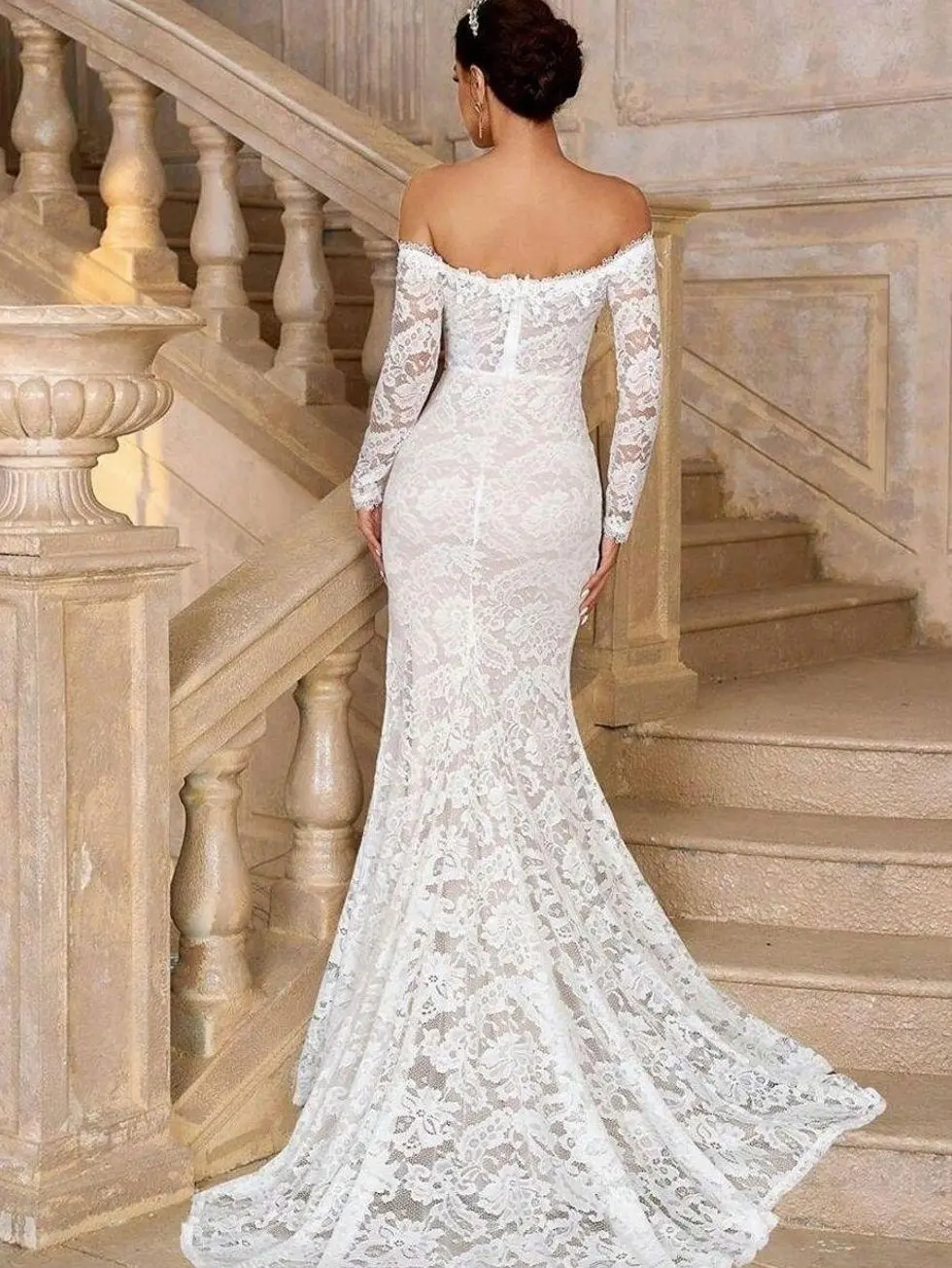 SHEIN Belle Elegant White Summer Wedding Dress,Off-Shoulder See-Through Long Sleeves Lace Mermaid Bridal Gown With Extra Long Tail,French Applique High Slit Dress