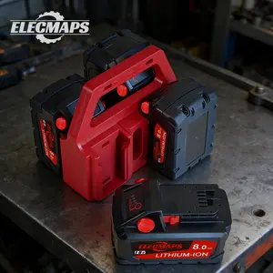 Portable battery storage rack, suitable for M.18 batteries. Features a sturdy construction, is temperature and weather resistant, and is ideal for use in garages and workshops.