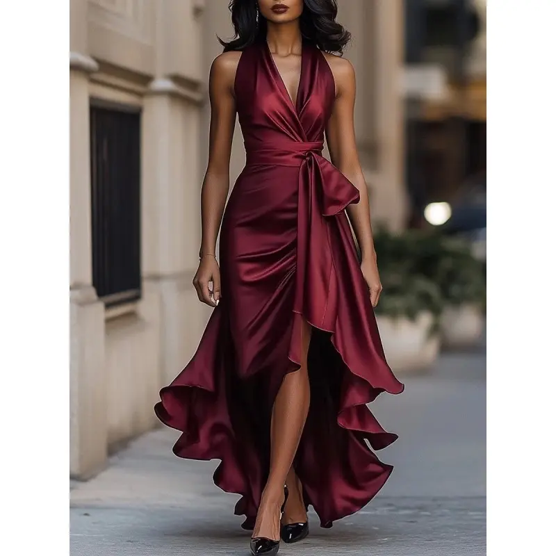 Solid color V-neck dress sleeveles swing dress in polyster, fabric for banquet street wear