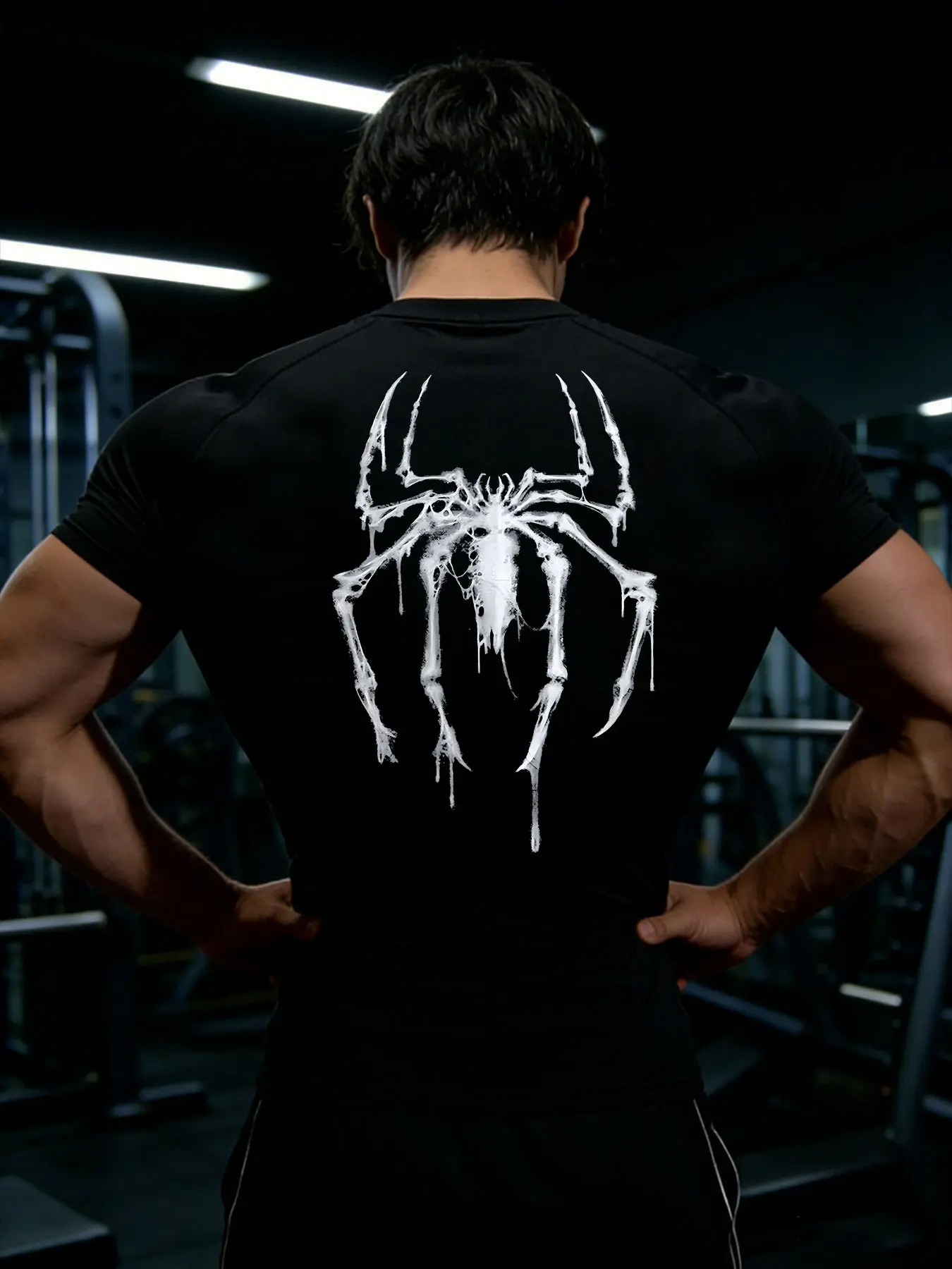 Men's Summer Compression Short Sleeve Y2K Spider Print Breathable Quick Dry Tight Fit Gym Shirt, Running Training Sports Top, Fitness Top, Gym Tops