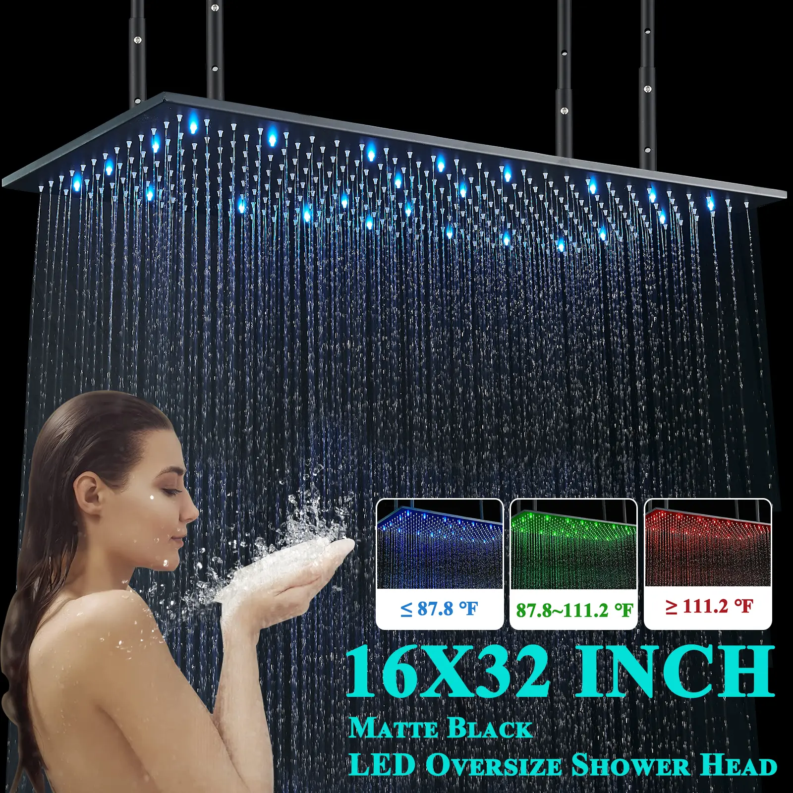 16X32Inch LED Shower Head Ceiling Mount Large Rain Shower Heads Square Showerheads High Pressure Luxury Rainfall Overhead Stainless Steel Bath Showerhead Rainfall Full Body Coverage with 4 Arm