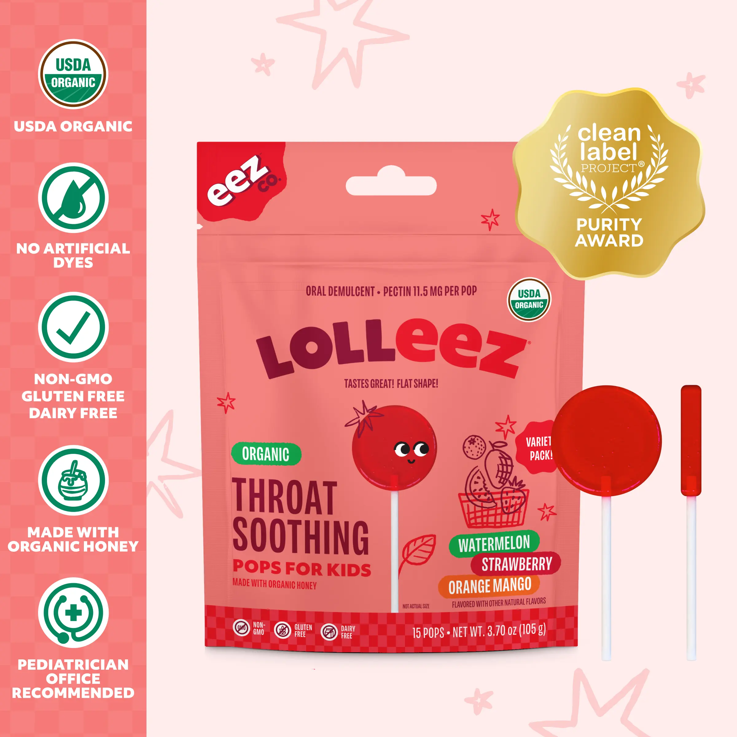 Lolleez by EEZ Co. Organic Natural Throat Relief Pops for Kids - Variety Pack, Therapy