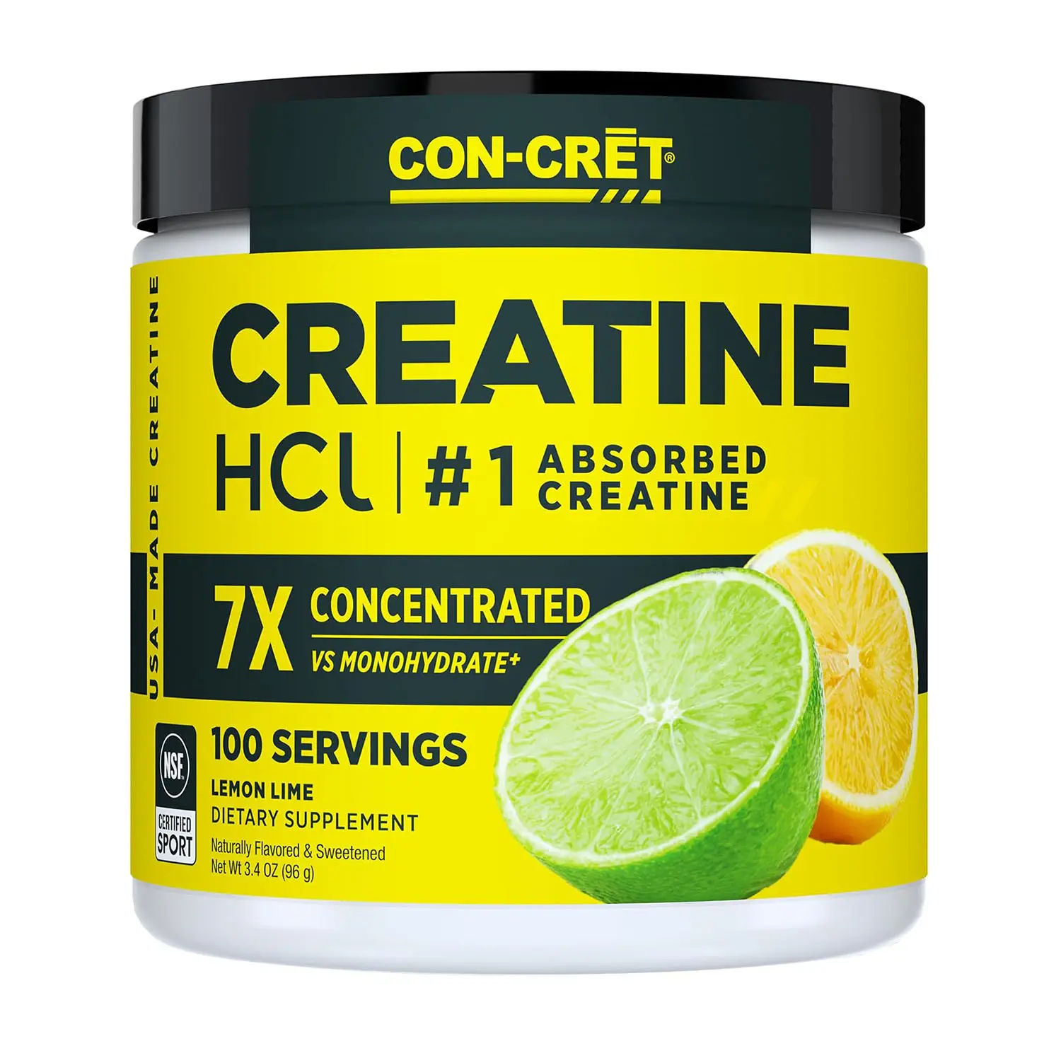 CON-CRET Creatine HCl Powder for Women and Men, Lemon Lime, 100 Servings | No Bloating or Water Retention, Muscle, Strength & Cognitive Support, USA Made, NSF Certified