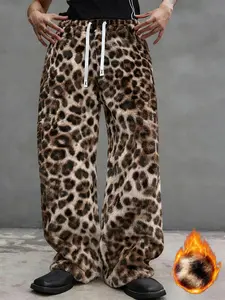 Men's Leopard Print Fleece Wide Leg Pants, Soft Rabbit Fur Fabric, Fall Winter Warm Comfort, Street Hip Hop Style, Streetwear, Casual Outdoor Wear