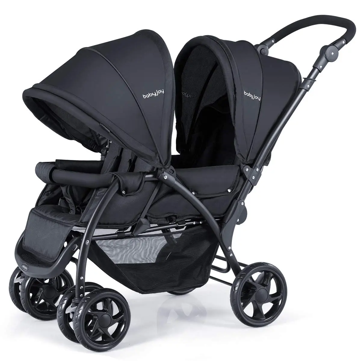 Double Stroller, Foldable Lightweight Twin Stroller with Tandem Seating, Adjustable Backrest/Canopy/Footrest, 5-Point Harness, Storage Basket, Newborn and Toddler