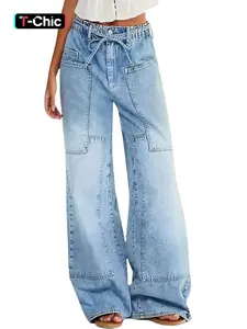 Women's Plain Button Tie Waist Jeans, Casual Pocket Trousers for Daily Wear, Ladies Bottoms for All Seasons