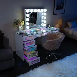 VANITII 11-Drawer Makeup Vanities Table With RGB Lights Rainbow Mode Vanity Tables With 14/15 LED Bulbs Bluetooth Mirror White For Bedroom Furniture