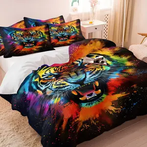 3Pcs Colorful Tiger Print Duvet Cover Set, 1 Duvet Cover + 1/2 Pillowcases, Psychedelic Tie-Dye Animal Bedding for Adults Teens, Ultra-Soft Microfiber Vibrant Tiger Bed Set for Bedroom Dorm Decor