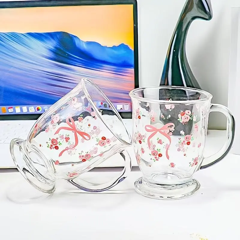 Flower & Bow Pattern Glass Coffee Cup, Washable Reusable Glass Mug with Handle, Thickened Glass Drinking Cup, Thickened Glass Cups, Multipurpose Breakfast Cup for Milk, Coffee, Coffee Cup Saucer, Durable Glass Cup, Drinkware