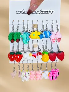 Cute Cartoon Earrings Set for Girls, 10pcs-30pcs Fruit & Animal Designs, Fun Jewelry Accessories for Women & Kids, Fruit motifs earrings, Fruit Veggie Earrings