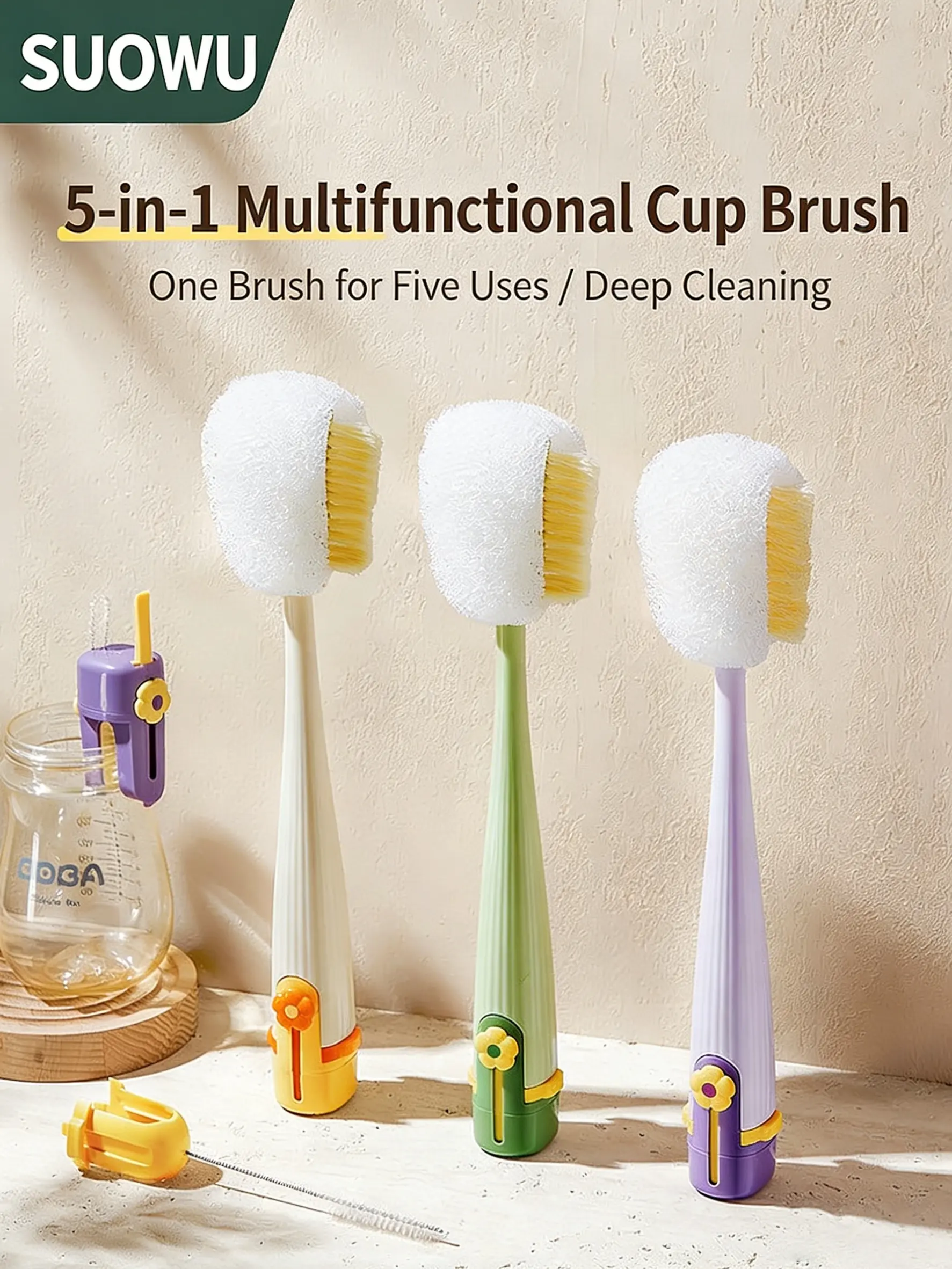 Suhui 5-in-1 Bottle Cleaner Brush - Multifunctional Cleaning Tool for Bottles, Cups, Straws (Cream White, Jasmine Green)