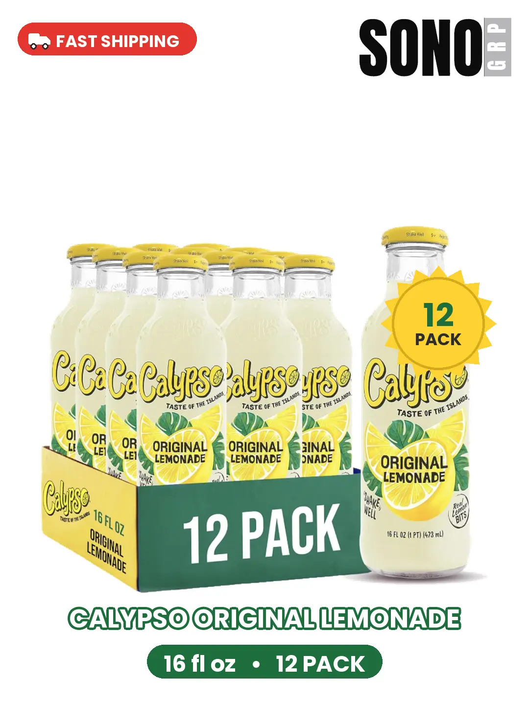 Calypso Lemonade, Original Lemonade, Made with Real Fruit, 16 Fl Oz Glass Bottles (Pack of 12)