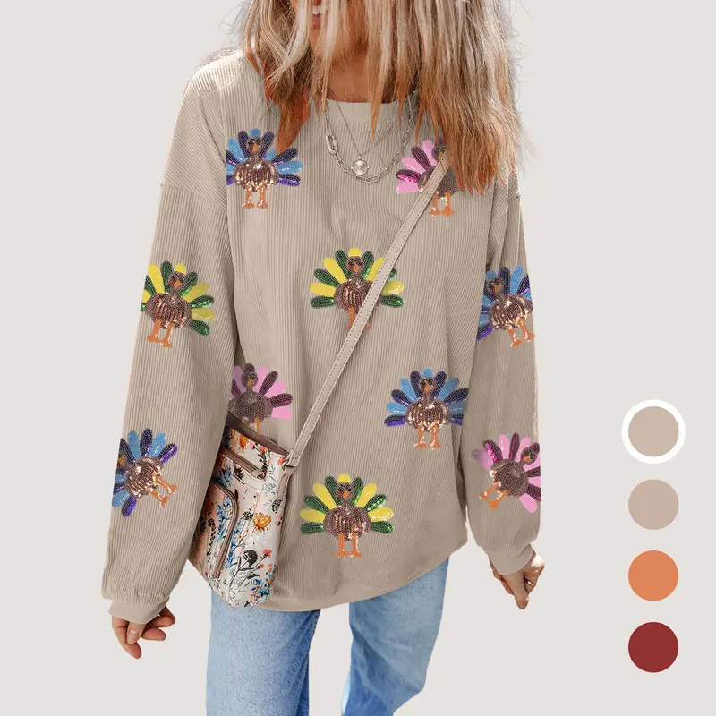 Women's Baggy Corded Polyester Hoodie - S-3XL, Long Sleeve Pullover, Sparkly Sequin Turkey Graphic Design, Drop Shoulders, Crew Neck, Cold Wash, Pull-On Thanksgiving Casual Womenswear