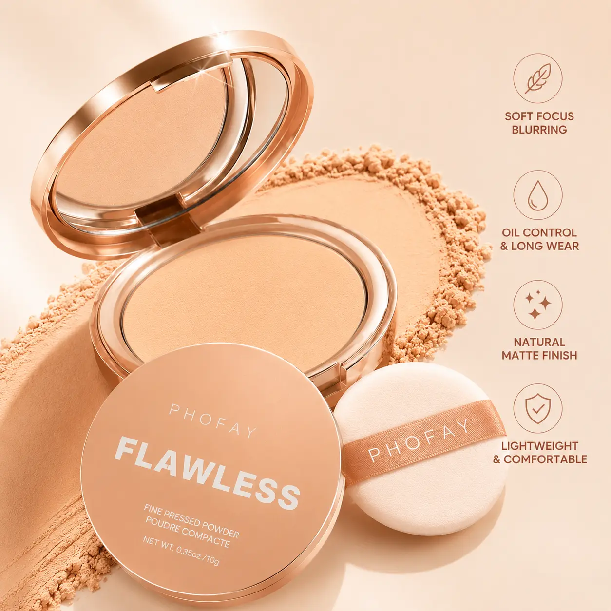 PHOFAY Matte Finishing Pressed Powder Compact for a Flawless, Blurred Matte Finish - Oil-Absorbing, Long-Wearing & Portable, Ideal for Touch-Ups and Setting Makeup on Oily to Combination Skin