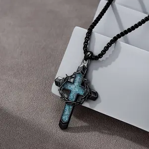 Mens Punk Jewelry Vintage Cross Necklace with Genuine Turquoise Gemstone Adjustable Chain Gothic Hip Hop Accessories for Men Cool Gift