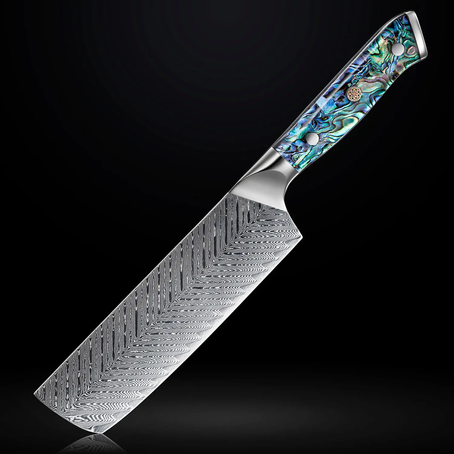 "Umi" Damascus Cleaver Knife - Japanese Meat Cleaver Nakiri with Real Deep-Sea Abalone Shell Handle - 7.5" Blade - Senken Knives