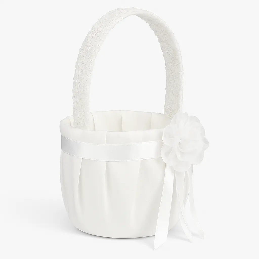 Elegant White Sequin Flower Girl Basket for Weddings