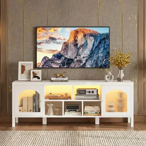 IRONCK 59-Inch Modern Wood TV Stand - 65-Inch TV Compatible Living Room Indoor Furniture with Power Outlet, LED Light, Arched Glass Doors, Storage Cabinets (White), Modern Tv Stands Tv Shelf